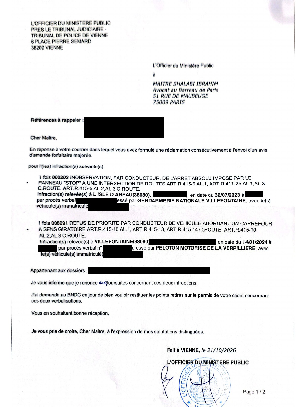 Courrier de l'officier du ministère public près le tribunal de police de Vienne du 21 octobre 2026 renonçant aux poursuites pour deux infractions routières et demandant au BNDC la restitution des points, références de procédure occultées
