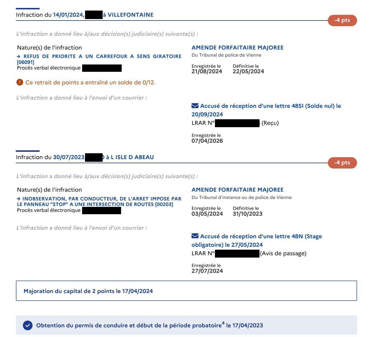 Relevé d'information intégral du permis de conduire : deux retraits de quatre points pour amendes forfaitaires majorées, lettre 48SI de solde nul et majoration du capital de deux points, numéros occultés